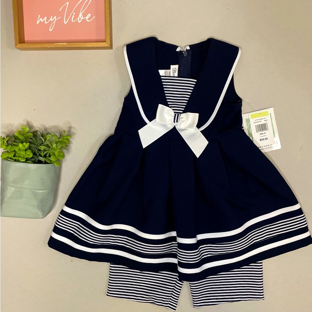 Bonnie Jean Little Girls Navy White Stripe Ribbon Sailor 2 Pc Pants Outfit